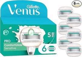 "Gillette Venus Pro Comfortglide Sensitive" moteriškų skustuvų peiliukai, 6 originalūs keičiamieji peiliukai moteriškiems skustuvams, moteriškų skustuvų peiliukai su alijošiaus priemaiša