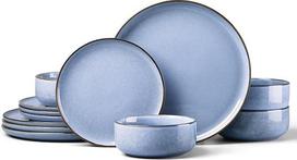 "HaWare Myosotis Blue" 12 dalių akmeninių indų pietų rinkinys 4 asmenims, reaktyvioji glazūra, įskaitant lėkštes ir dubenis, atsparus duženoms ir įbrėžimams, galima naudoti mikrobangų krosnelėje ir indaplovėje, Myosotis Blue