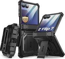 "i-Blason Armorbox" korpusas "Samsung Galaxy Z Flip 7" su stovu, grūdinto stiklo ekrano apsauga, vyrių apsauga, diržo spaustukas, tvirtas korpusas, apsauginis bamperis, smūgiams atsparus mobiliojo telefono korpuso dangtelis (juodas)