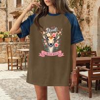 Women Denim Patchwork Oktoberfest Graphic T Shirt Comfortable Short Sleeve Casual Top with Round Neck and Relaxed Fit for Daily Wear L