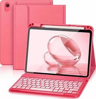 "iPad" (A16) 11/10 kartos (2025/2022), (11/10,9 colių) korpuso klaviatūra - QWERTZ, 7 spalvų apšviesta, magnetinė nuimama "Bluetooth" klaviatūra, minkštas TPU galinis korpusas su rašiklio laikikliu (rožinis)