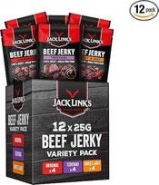 "Jack Links Beef Jerky" mišri dėžutė - 12 vnt. (12 x 25 g) - džiovintos mėsos baltyminiai užkandžiai - daug baltymų turintys užkandžiai sporto salėje, sporto salėje, lauke - amerikietiškas maistas žmonėms - "Jerky" traškučiai iš jautienos mėsos