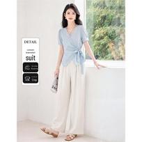 Elegant V-Neck Shirt and Wide-Leg Pant Set L