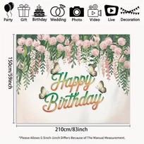 2D Pink Rose Butterfly Happy Birthday Backdrop Floral Photography Background 47.2x31.5inch/120*80cm