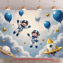 2D Flat Space Rocket Astronaut Backdrop Baby Shower Party Background 47.2x31.5inch/120*80cm