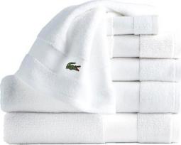 "Lacoste Sport Stripe" 6 dalių prabangių medvilninių rankšluosčių rinkinys, pagamintas iš 100 % minkštos "Supima" medvilnės, gerai sugeriantis ir greitai džiūstantis, 2 vonios rankšluosčiai, 2 rankų rankšluosčiai, 2 skalbimo servetėlės, baltos spalvos