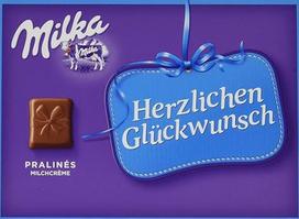 "Milka Herzlichen Glückwunsch" pieno kremas - Dovanų pakuotė su Alpių pieno šokoladukais - 1 x 110 g