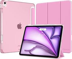 "MoKo" dėklas "iPad Air" 13 colių (M4/M3/M2) 2026/2025/2024 su pieštuko laikikliu, plonas, lengvas, tripakopis apsauginis dėklas su kietuoju kompiuteriu, permatoma nugarėle, automatinio miego/budėjimo funkcija, rožinis