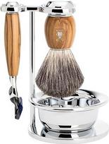 "MÜHLE Vivo" skutimosi rinkinys, suderinamas su "Gillette" peiliukais, barsuko plauko skutimosi šepetėlis, laikiklis su dubenėliu - alyvuogių medžio rankenėlės