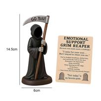 Emotional Support Grim Reaper Figurine Resin Gothic Skeleton Statue with Support Card Desktop Ornament Halloween Decorations