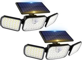 "Peasur" lauko saulės žibintai su judesio jutikliu, 2 LED lauko žibintai su nuotolinio valdymo pulteliu, 3 režimai, IP65 atsparumas vandeniui, 270° pasukami saulės žibintai, 3 galvutės sodui, balkonui, verandai, garažui