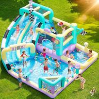 "Racing" pripučiama skraidanti pilis vaikams, 12-in-1 didelė skraidanti pilis su 750 W pūstuvu, dvigubu vandens nusileidimo kalneliu, baseinu, batutu ir futbolo vartais, skirta neribotam naudojimui patalpose ir lauke