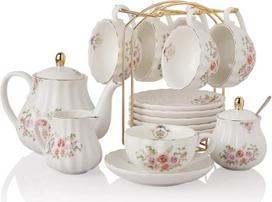 "Sweejar Home" "Royal Family" porcelianinis arbatos rinkinys 225 ml puodeliams ir lėkštutėms su arbatinuku Cukrinuku Pieno ąsočiu Keraminiai puodeliai arbatai ir kavai (Rose Flower)