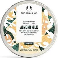 "The Body Shop" migdolų pieno kūno sviestas Migdolų pienas sausai ir jautriai odai 96H Drėkinamasis taukmedžių sviestas Sezamo aliejus Veganiška kosmetikos pakuotė 200 ml
