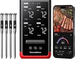 "ThermoMaven P4" mėsos termometras belaidis - 4 zondai, 6 jutikliai, "WiFi" ir "Bluetooth 5.3", ±0,3 °C tikslumo, IPX8 atsparus vandeniui, programėlės valdymas, sertifikuotas NIST ir NSF, grilio termometras, kepimo termometras
