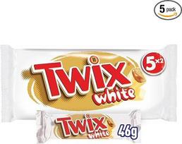 "Twix" baltojo šokolado batonėliai, karamelė, sausainiai, baltasis šokoladas, daugkartinė šokolado pakuotė, 5 batonėliai (5 x 46 g)