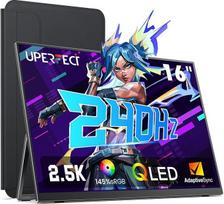 "UPERFECT" 2,5K 240 Hz nešiojamasis monitorius, 16 colių QLED nešiojamasis žaidimų monitorius 2560 x 1600 145 % sRGB 2000:1 HDR10 dizainas su integruotu stovu ir apsauginiu dėklu, suderinamas su nešiojamuoju kompiuteriu / kompiuteriu / telefonu / žaidimų