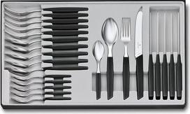 "Victorinox Swiss Modern" 24 dalių stalo įrankių rinkinys 6 asmenims - juodas - su aštriu peiliu dantytais ašmenimis ir plastikinėmis rankenomis