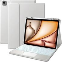 "Vobafe" dėklas su klaviatūra "iPad Air" 13 colių M4 M3 M2 (2026/2025/2024), "iPad Pro 12.9" (3 4 5 6 kartos), "QWERTZ" klaviatūra, daugiafunkcinis lietimui jautrus takelis, 7 spalvų apšvietimas, pieštuko laikiklis, šviesiai pilkas