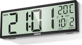 "XREXS" 14,5 colio skaitmeninis sieninis laikrodis, laiko, kalendoriaus, temperatūros, DST funkcijos, maitinamas baterija, skirtas miegamajam, svetainei, klasei, biurui (juodas)