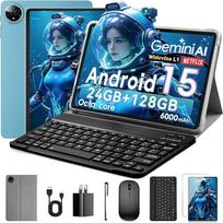 10 colių "Android 15" planšetinis kompiuteris, 24GB RAM + 128GB ROM (1 TB išplečiamas), aštuonių branduolių, 1280x800 IPS HD jutiklinis ekranas, 5 MP + 8 MP dviguba kamera, 6000 mAh, su klaviatūra, pele, "Widevine L1" (mėlyna)