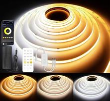 15 m CCT LED juosta, "Bluetooth" CCT COB LED juosta su programėle ir nuotolinio valdymo pultu, muzikos sinchronizavimas, 2700 K - 6500 K spalvą keičianti šviesos juosta, lipnus LED apšvietimas kambariui, miegamajam, 2 ritiniai po 7,5 m