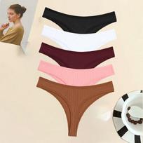 FINETOO 5pcs Cotton Striped Thongs Breathable Underwear Women's Panties Sexy Low-Waist G-string Stretchy Solid Bikini Lingerie S&5pcs