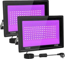 2 vnt. 100 W LED juodos šviesos prožektorių, IP66 UV juodos šviesos prožektorius, 395-400 nm LED UV prožektorius, UV šviesa su jungikliu Helovino dekoracijoms, vakarėlių dekoravimui, Kalėdoms, neoninio švytėjimo vakarėliams, kūno tapybai