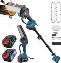 2-in-1 akumuliatorinis teleskopinis lenktinis genėtuvas ir 6 colių mini grandininis pjūklas, 4,9-6,8 pėdų teleskopinis genėjimo pjūklas su 2 x 4000 mAh akumuliatoriais ir įkrovikliu, lenktinis genėtuvas medžių genėjimui ir medienos pjovimui