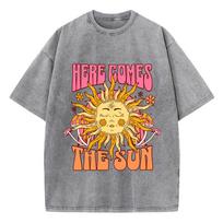 Womens Acid Wash T-Shirts Here Comes The Sun Printing Tees Distressed Oversize Cotton Short Sleeve Trend Female Clothes S