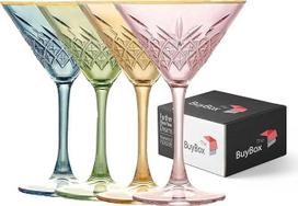 4 senovinių spalvotų "Martini" taurių rinkinys su auksiniu apvadu (7,7 oz/230 ml). Kokteilių, putojančių gėrimų, espreso, Martini, Margaritos ir šampano taurės su ilgomis rankenėlėmis