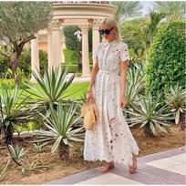 Casual Solid Color Holiday Dresses Summer Women's Lapel Tie Up Lace Dress Sexy Hollow Out Short Sleeved Single Breasted Long Dress S balta