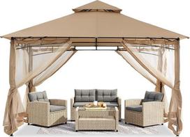 ABCCANOPY Pavėsinės su tinklu terasai Dvigubas stogas Minkštas stoglangis Sodo kiemo pavėsinė šešėliui ir lietui 3 x 3,6 m, smėlio spalvos