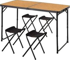 AKTIVE 63162 Aliumininis sulankstomas stalas su 4 plieninėmis taburetėmis, reguliuojamo aukščio 60/70 cm, 120 x 60 cm paviršiaus, bambuko apdaila, nešiojamas, su rankena, skirtas stovyklavimui, paplūdimiui ir sodui