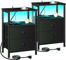 AMHANCIBLE EHETS02BK 2 naktinių staliukų su įkrovimo stotele ir LED lemputėmis rinkinys, sofos staliukas su 2 medžiaginiais stalčiais, medinė naktinė spintelė su atvira lentyna miegamajam, svetainei, juoda