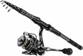 Angelset mit Angelrolle, Carbonfaser Teleskop-Angelrute hart für Salzwasser, Spinnfischen & unterwegs, inkl. Schnur & Köder