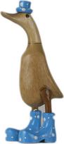 ART-CRAFT Medinė antis Bėganti antis Sodo dekoracija Figūrėlė, pagaminta iš bambuko šaknų ir tikmedžio medienos, su batais ir skrybėle Mėlyna 25 cm aukščio