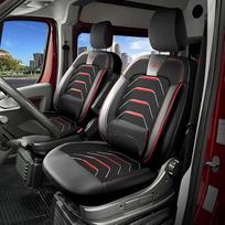 Automobilio sėdynių užvalkalai 1+1, skirti Fiat Ducato, Peugeot Boxer, Citroen Jumper 2014-2026, Opel Movano C 2022-2026 - Lininis/juodas/raudonas - priekinių sėdynių komplektas