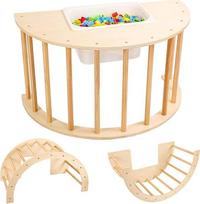 BOXOB 3-in-1 laipiojimo arka su jutikliniu stalu vaikams, sūpynės arka vaikams, sūpynės arka Montessori medinis laipiojimo žaislas vaikams su laikymo konteineriu ir dangteliu (medžio spalva)