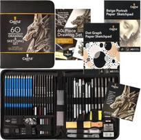 Castle Art Supplies 60 dalių piešimo / eskizavimo rinkinys | Aukštos kokybės grafitas, anglis, pastelė, vandenyje tirpstantys rašikliai ir lazdelės, plunksnakotis | Profesionaliems ir profesionaliems dailininkams | Dėklas su užtrauktuku