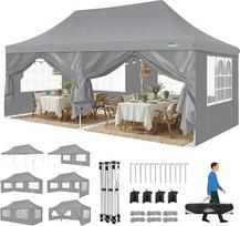COBIZI Sulankstoma pavėsinė 3 x 6, pavėsinė 3 x 6 m, vandeniui atspari stabili žiemai atspari sulankstoma vakarėlių palapinė su 6 šoninėmis sienelėmis ir 4 smėlio maišais "Pop Up" sodo pavėsinė, apsauganti nuo UV spindulių, skirta vestuvėms lauke, pilka