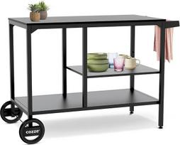 cozze BBQ stotis ir lauko virtuvė - didelis grilio stalas picų kepimo krosniai, reguliuojamos lentynos (3 aukščiai), 2 ratukai, juodas plienas, iki 100 kg - 90 x 115 x 60 cm