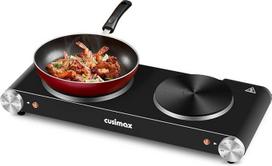 CUSIMAX "Hob 2" elektrinė ketaus kaitlentė, kaitlentė su 2 plokštėmis ir dviguba temperatūros reguliavimo funkcija, nešiojamoji kempingo kaitlentė su apsauga nuo perkaitimo, juoda, nerūdijančio plieno