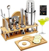 Daily Treasures Professionelles Cocktailshaker-Set mit Bambus-Ständer & Salzrander, 16-teiliges Barkeeper Set für Hausbar (825ml Boston Shaker) - Inkl. Rezeptbuch, Spender & Barzubehör Geschenkset