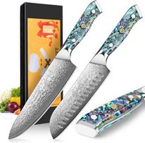 Damasko peilių rinkinys, virtuvinių peilių rinkinys, 2 dalių, 67 sluoksnių Damasko plieno virėjo peilis, profesionalus virėjo peilis, "Santoku" peilis su dervos rankena ir perlamutro plokštelėmis