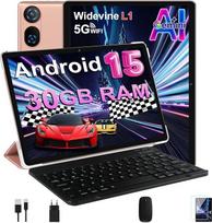 DMOAO planšetinis kompiuteris 10 colių "Android 15" su klaviatūra, "Gemini AI", 30GB RAM + 64GB ROM (2 TB išplėtimas), 5G WiFi, "Widevine L1", aštuonių branduolių, GPS, "Face ID", FHD IPS, 6000 mAh, USB, auksinis