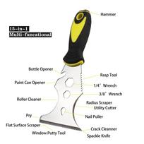 15 in 1 Multi Use Putty Knife Stainless Steel Paint Scraper Removal Construction Tool for Wallpaper Can Opener Home DIY LTL6001 Yellow