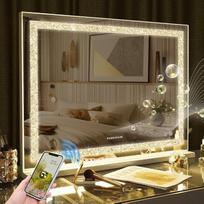 FENCHILIN "Bluetooth" holivudinis veidrodis 80 x 60 cm Makiažo veidrodis su apšvietimu "Crushed Diamond Crystal" makiažo veidrodis su garsiakalbiu Didelis LED veidrodis 3 reguliuojamos šviesos spalvos USB prievadas Baltas