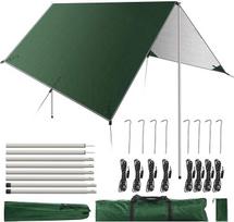 GEEDIAR Camping Tarpaulin with Poles - Hamakas Lietus Fly palapinės brezentas su stulpais 300 x 400 cm - Vandeniui atspari apsauga nuo saulės lauke, kelionės, apsauga nuo saulės, lietus, hamakas (tamsiai žalia)