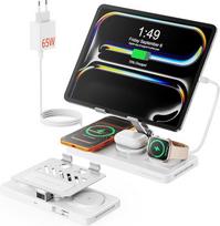 GEEKERA "Apple" įkrovimo stotelė "4 viename", integruotas ištraukiamasis "iPad" įkrovimo laidas, magnetinis indukcinis "iPhone Air/17-12" įkroviklis, "Apple Watch" ir "AirPods" įkrovimo stotelė, metalinė balta spalva